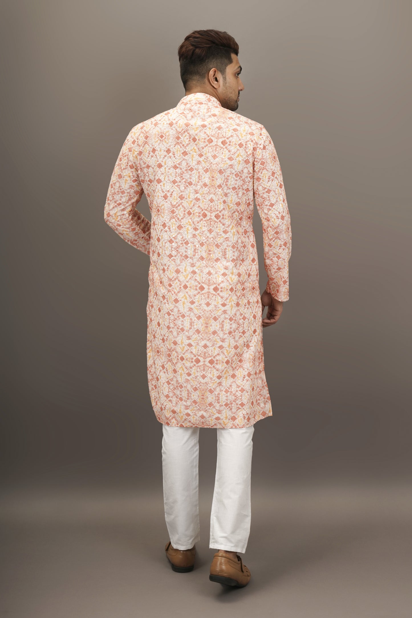 Smoky Salmon Pink Printed Kurta with Chikankari work