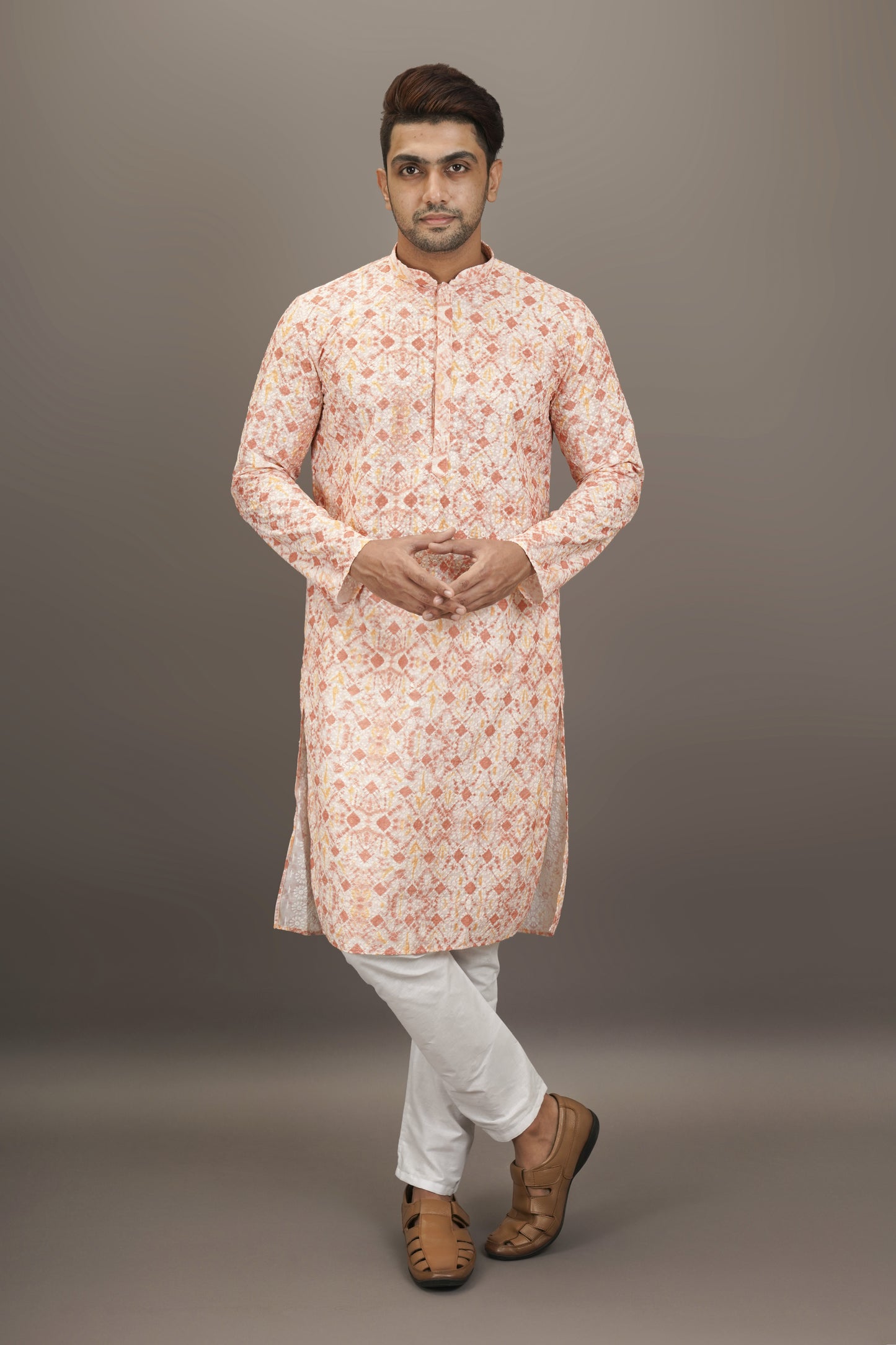 Smoky Salmon Pink Printed Kurta with Chikankari work