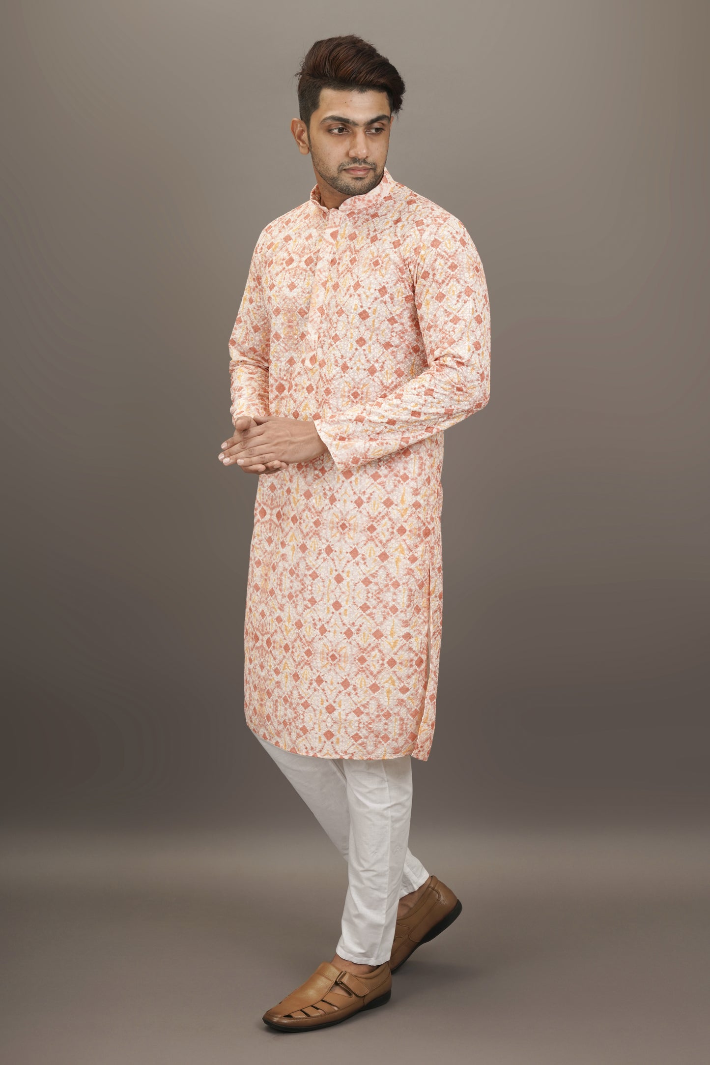 Smoky Salmon Pink Printed Kurta with Chikankari work