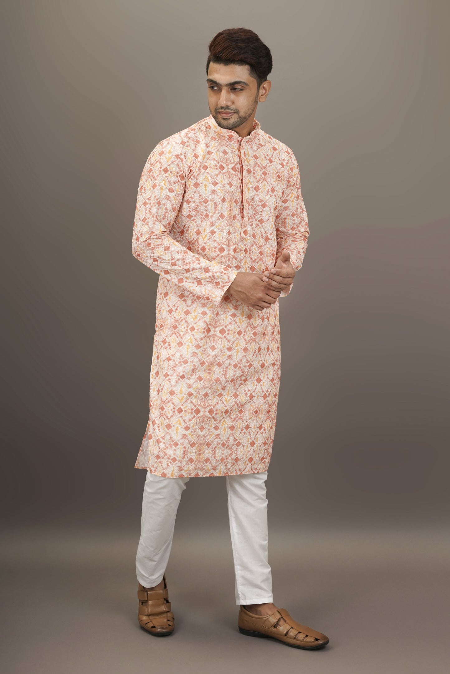 Smoky Salmon Pink Printed Kurta with Chikankari work