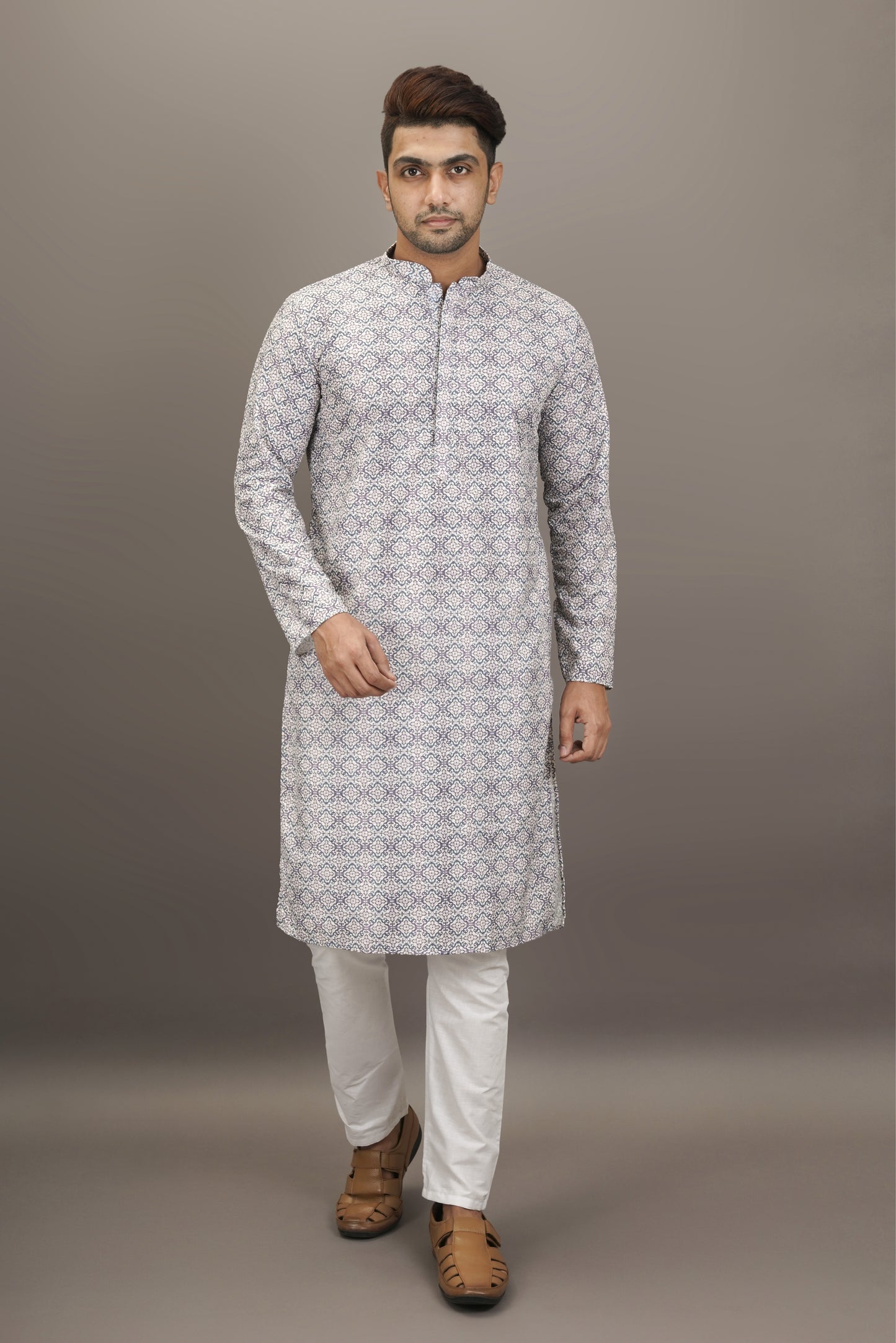 Dark Purple and White Printed Kurta with Chikankari work