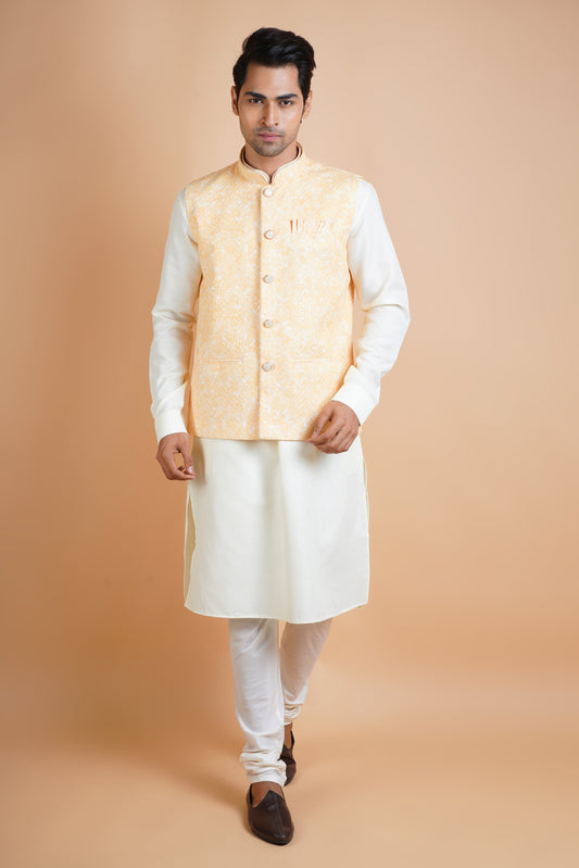 Designer Yellow and White | Jacket Kurta Set