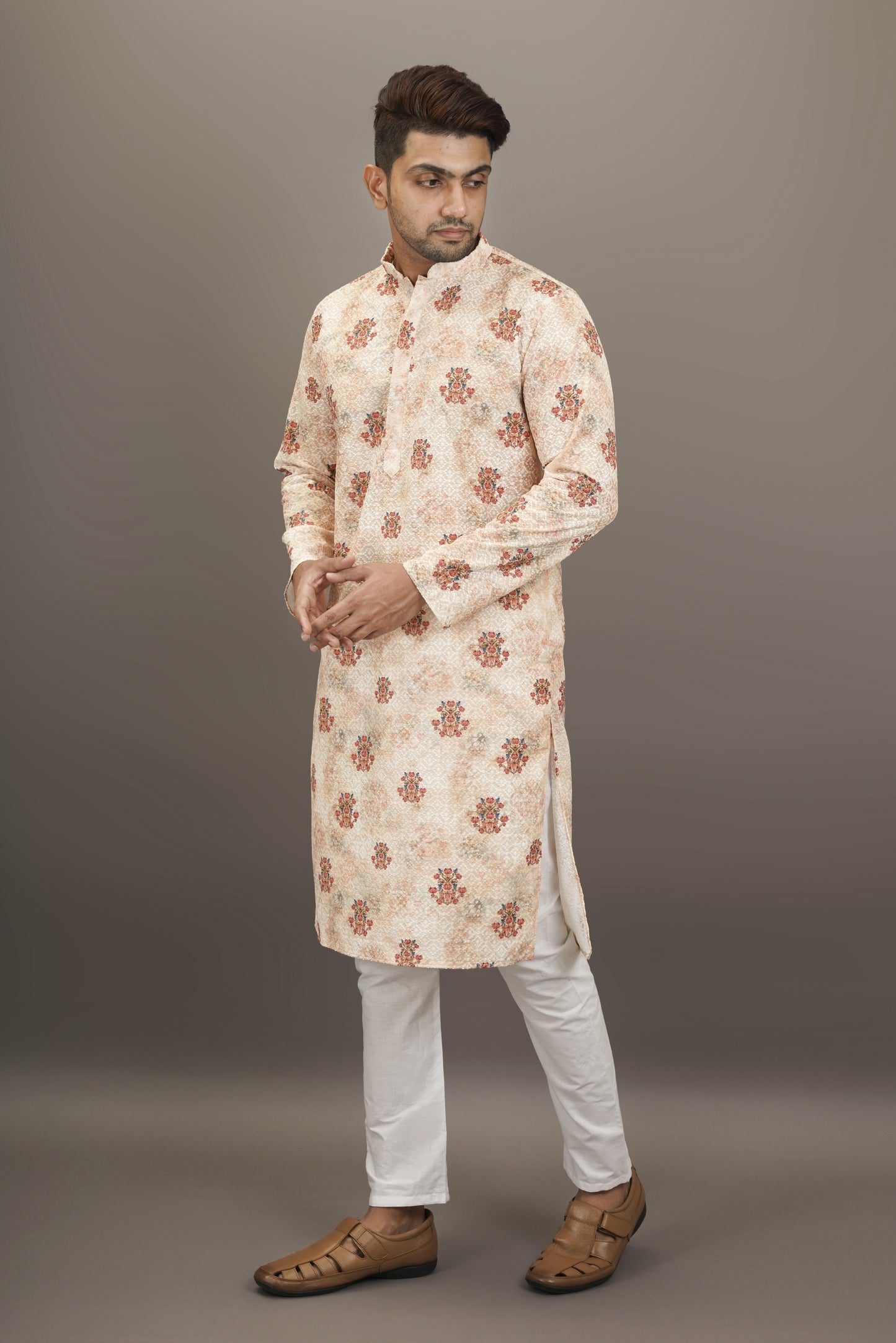 Smokey Brick and White colour Printed Kurta with Chikankari work