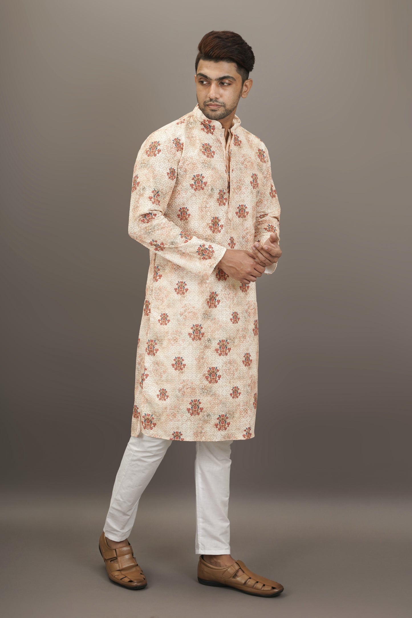 Smokey Brick and White colour Printed Kurta with Chikankari work