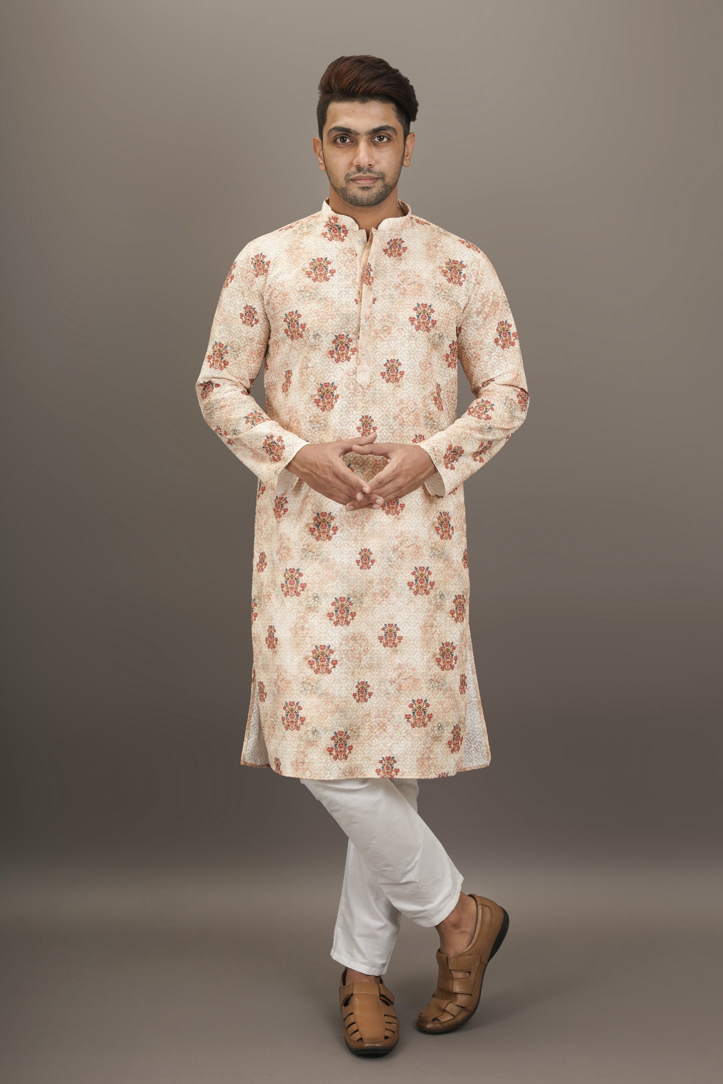 Smokey Brick and White colour Printed Kurta with Chikankari work