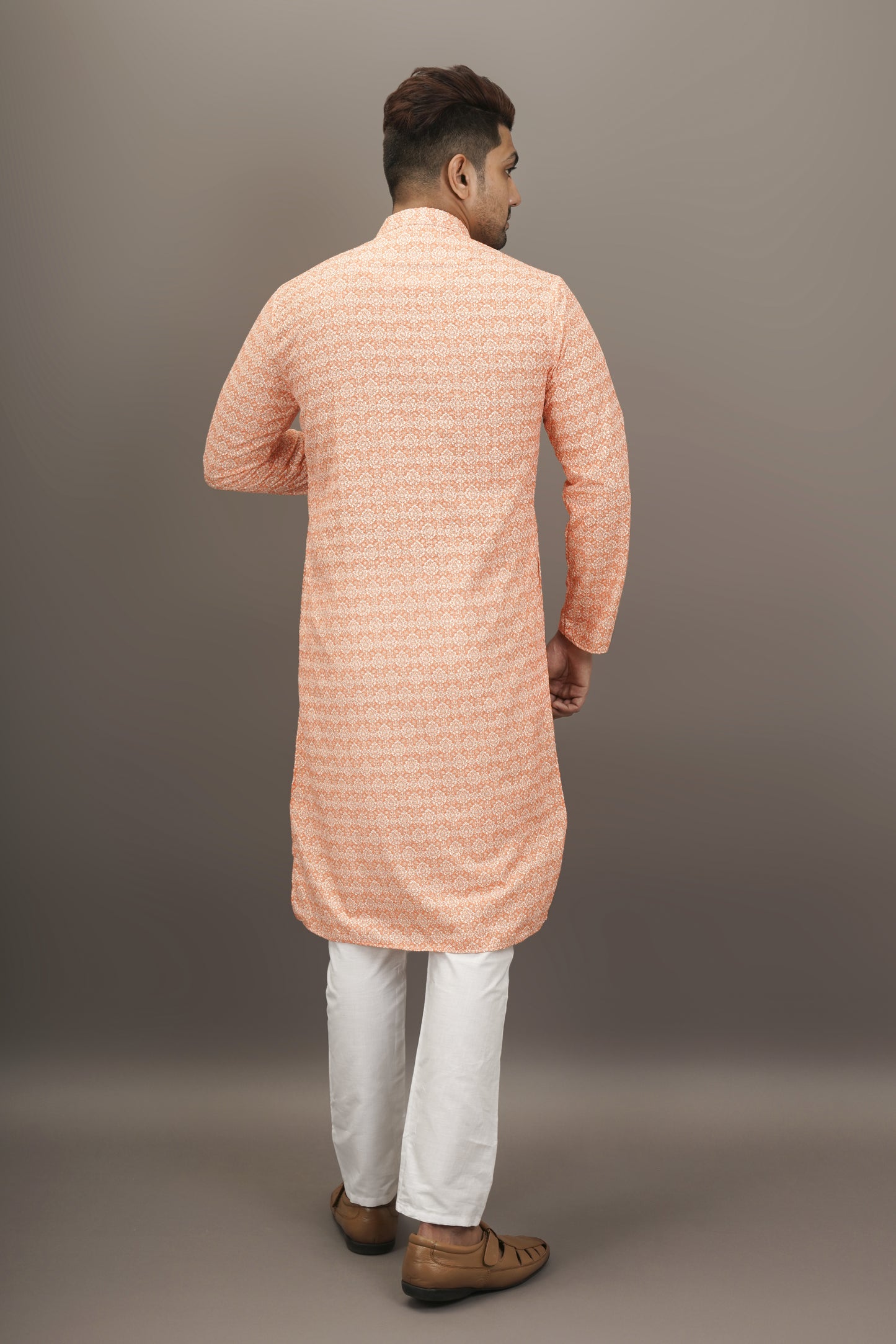 Orange and White colour Printed Kurta with Chikankari work