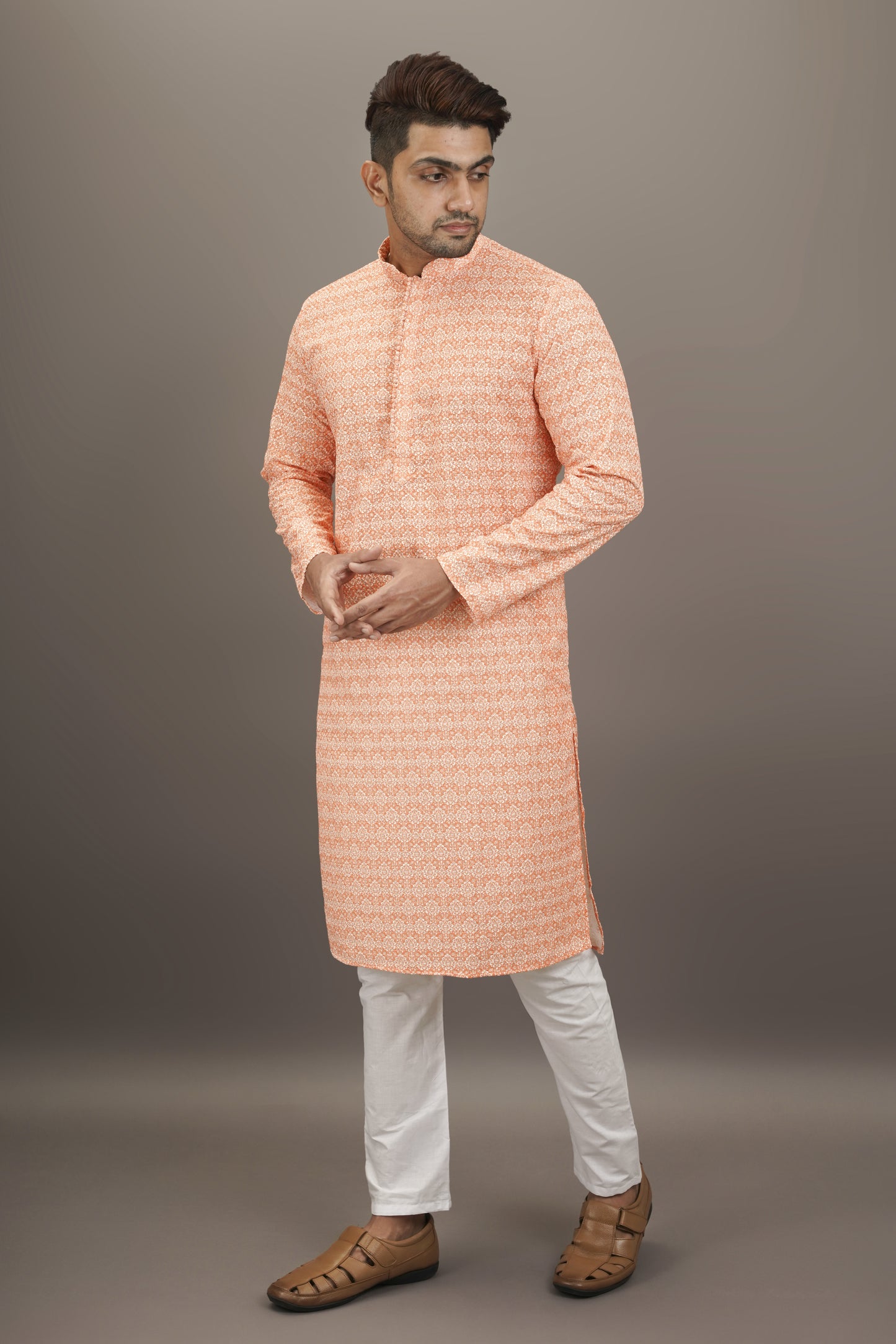 Orange and White colour Printed Kurta with Chikankari work