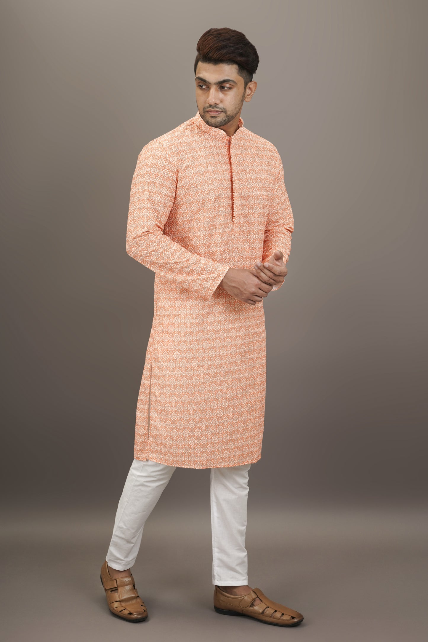 Orange and White colour Printed Kurta with Chikankari work