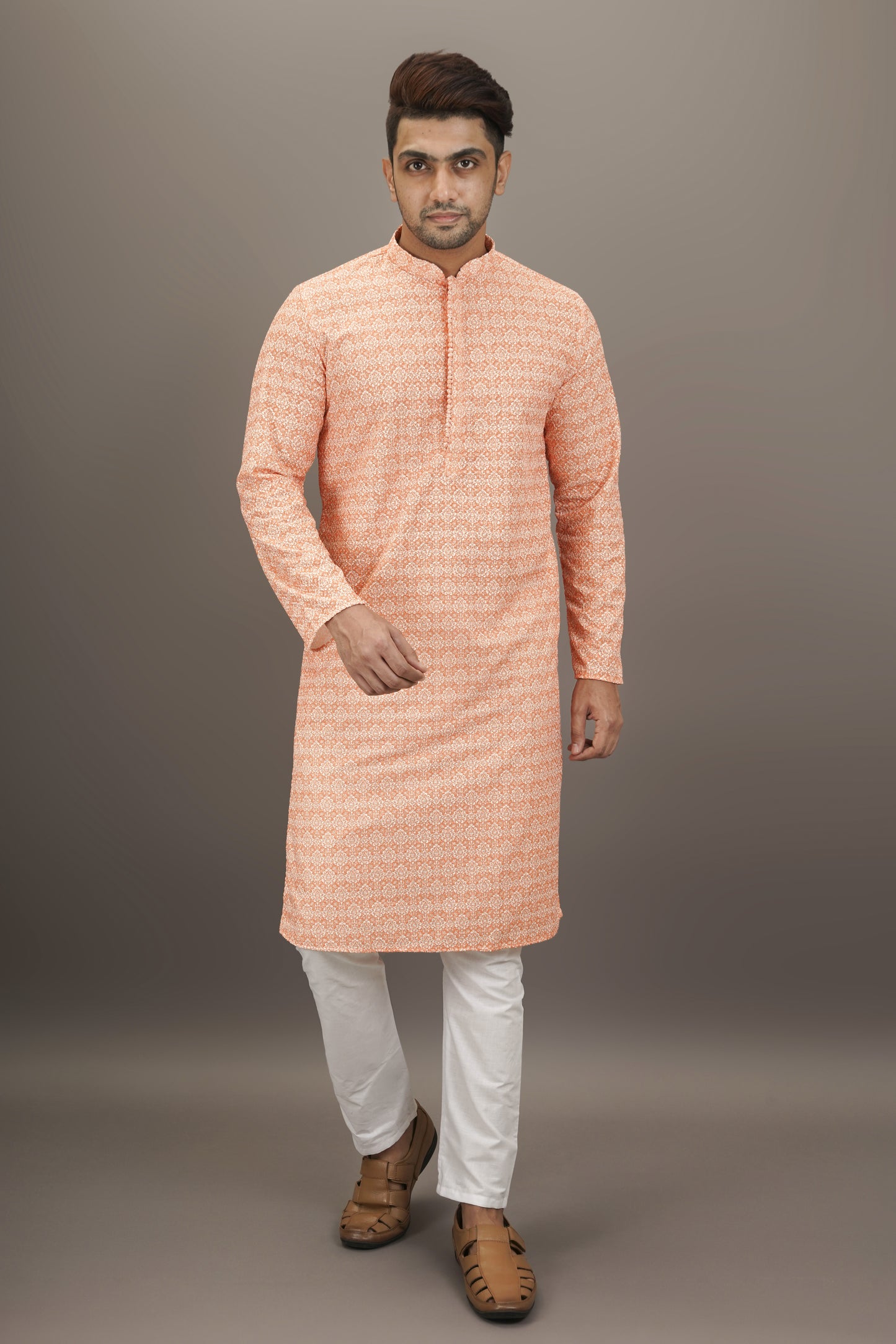 Orange and White colour Printed Kurta with Chikankari work