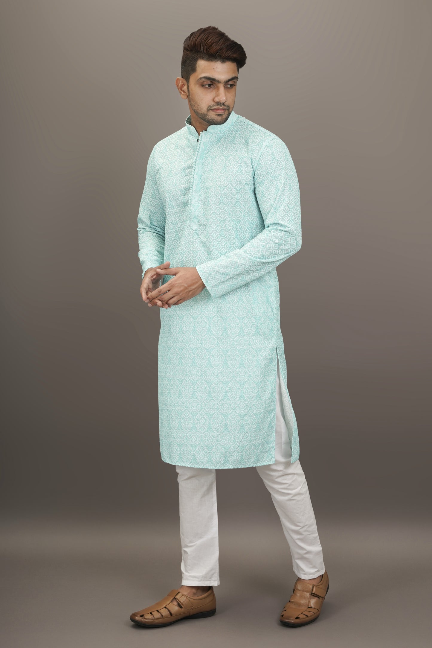 Sky Blue colour Printed Kurta with Chikankari work