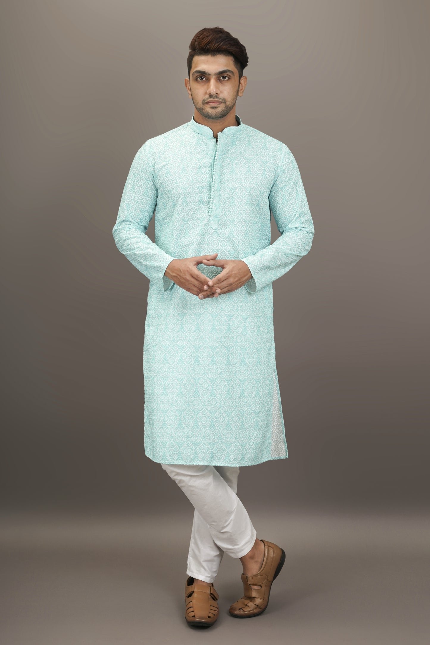 Sky Blue colour Printed Kurta with Chikankari work