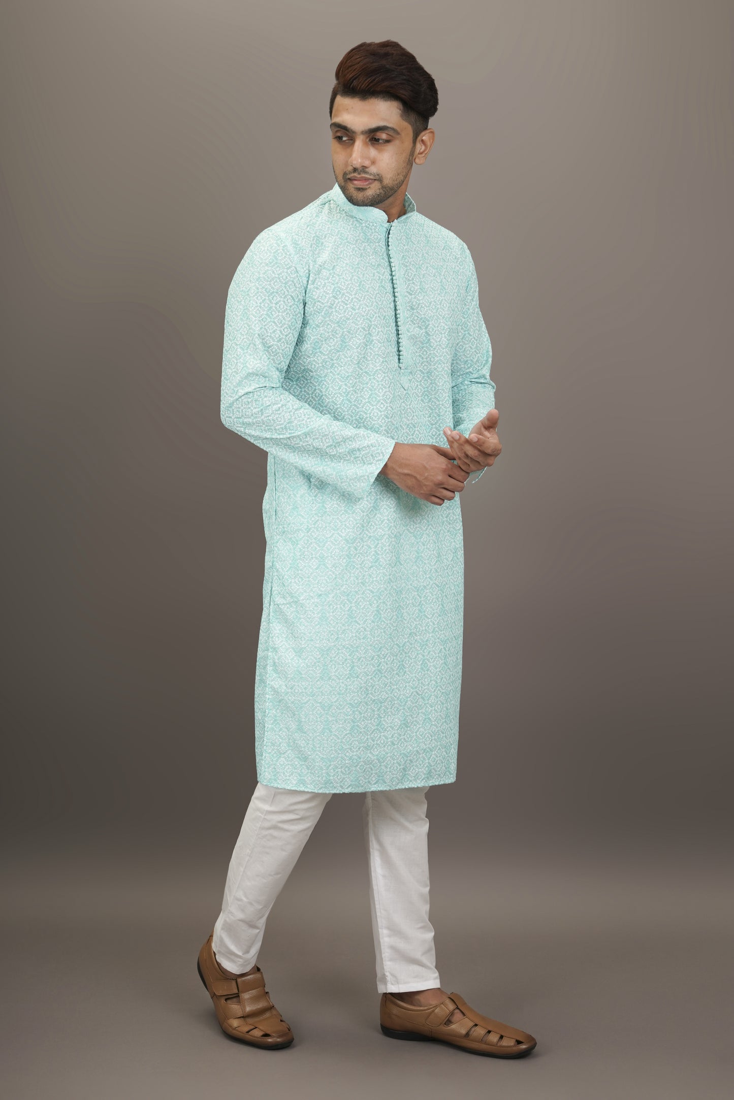 Sky Blue colour Printed Kurta with Chikankari work