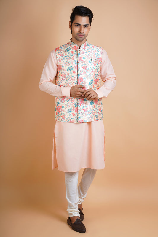 Designer Patterned Pink and Blue | Jacket Kurta Set