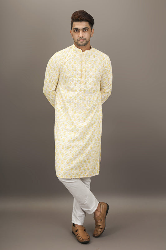 Light Yellow colour Printed Kurta with Chikankari work