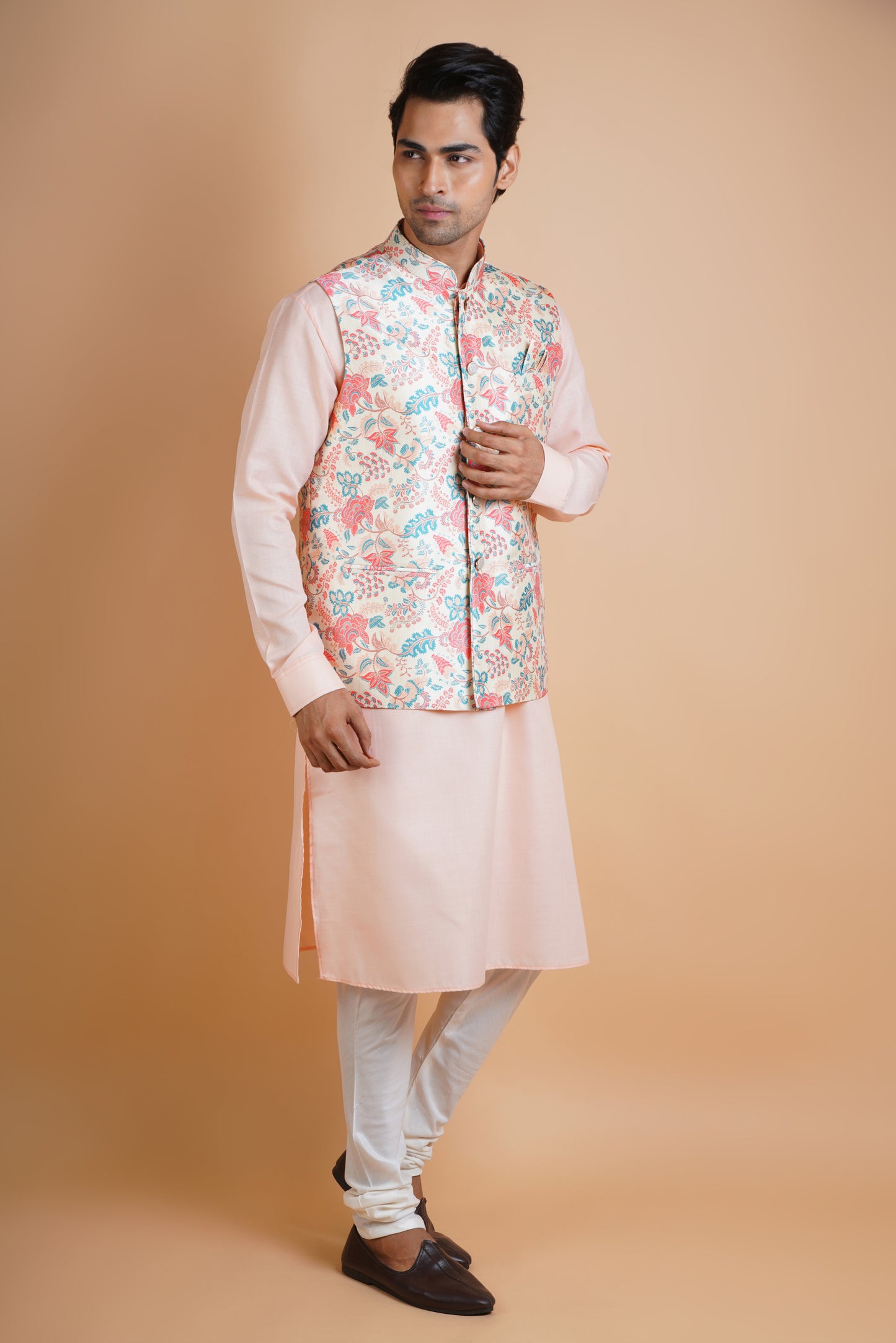 Designer Patterned Pink and Blue | Jacket Kurta Set