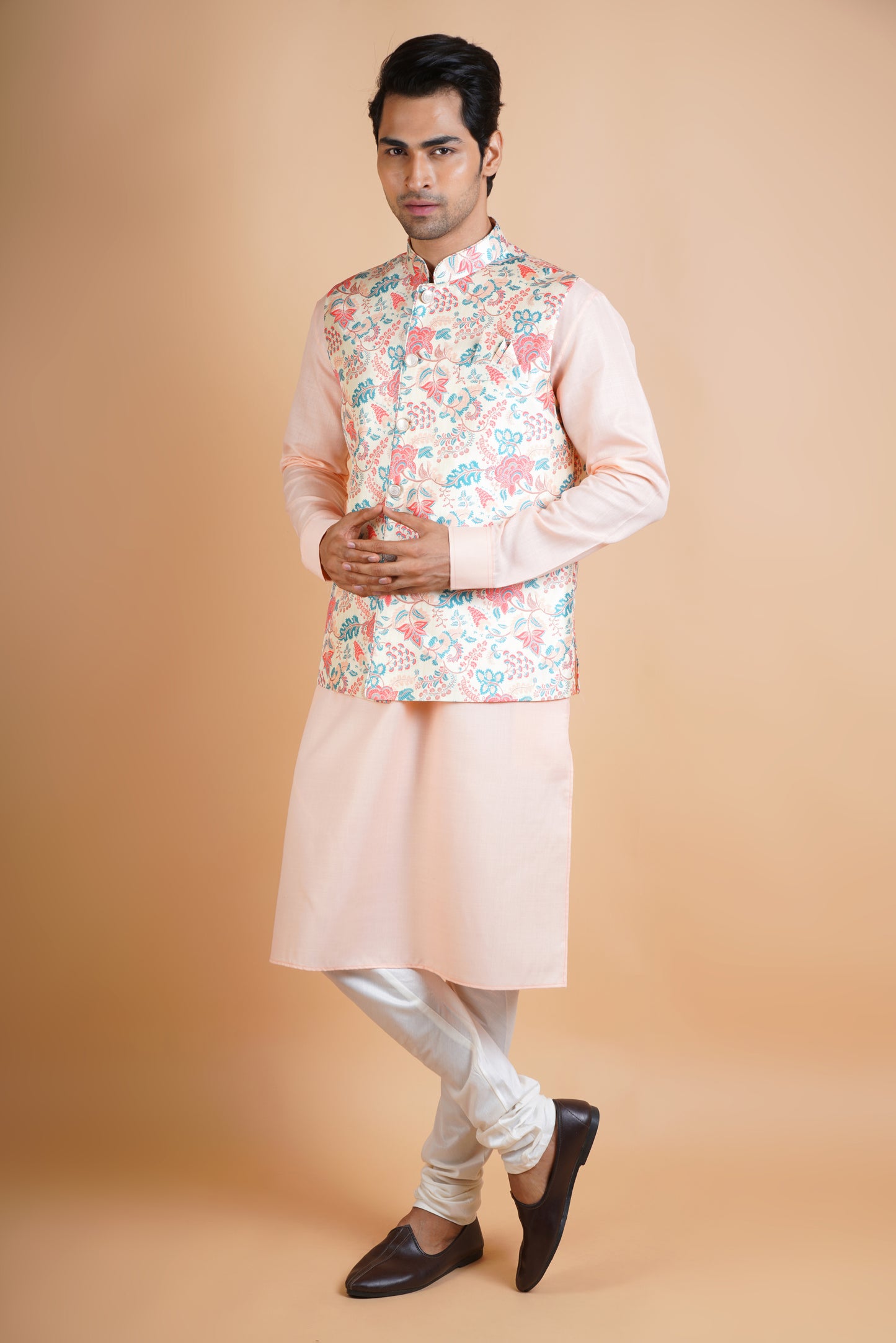 Designer Patterned Pink and Blue | Jacket Kurta Set