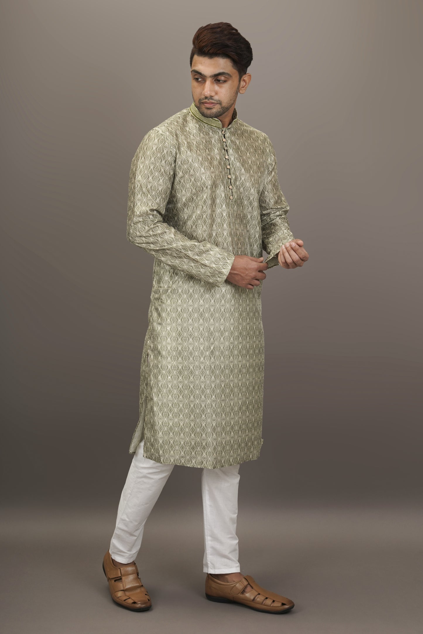 Olive Green colour Motif with sequins Kurta