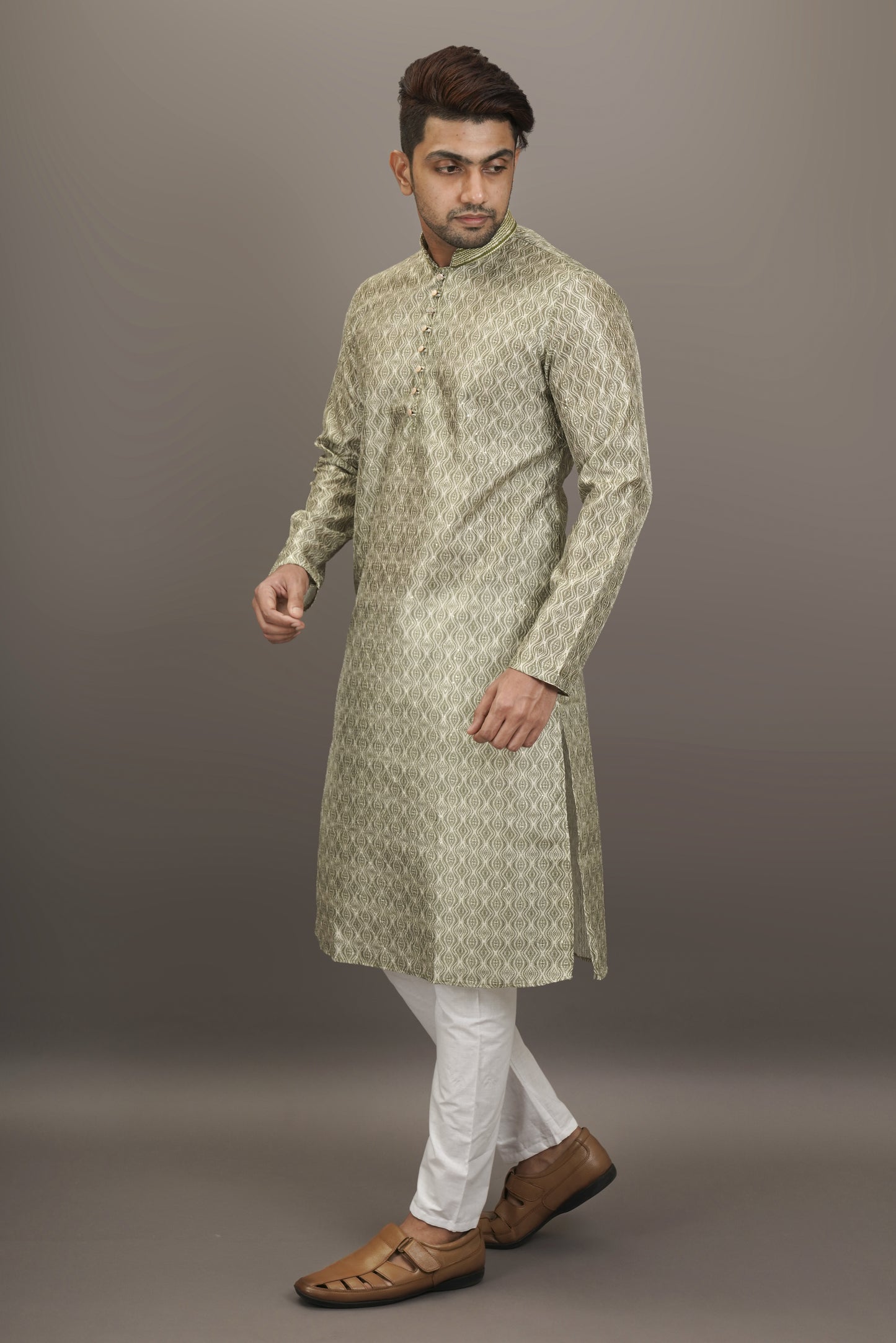 Olive Green colour Motif with sequins Kurta