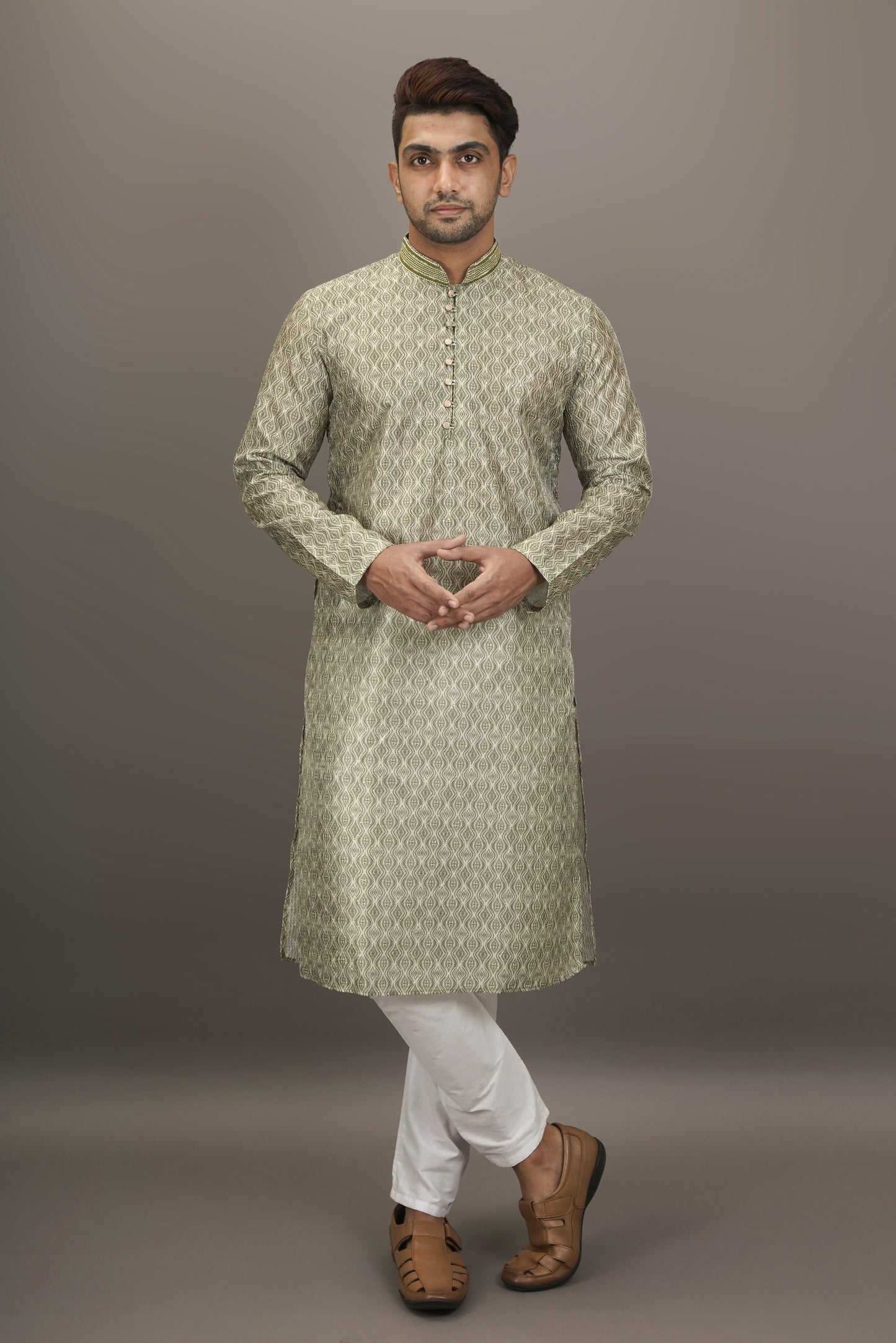 Olive Green colour Motif with sequins Kurta