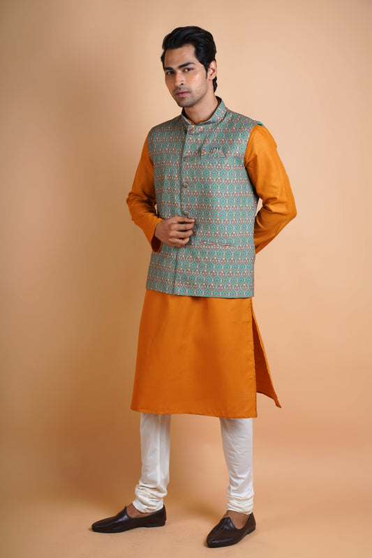 Designer Dark orange and green Kurta set | Jacket Kurta Set