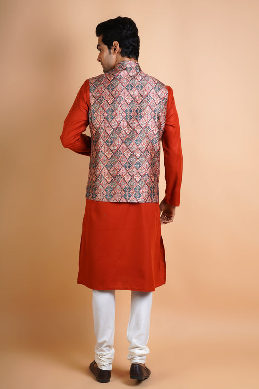 Designer Dark Red with new pattern Jacket | Jacket Kurta Set