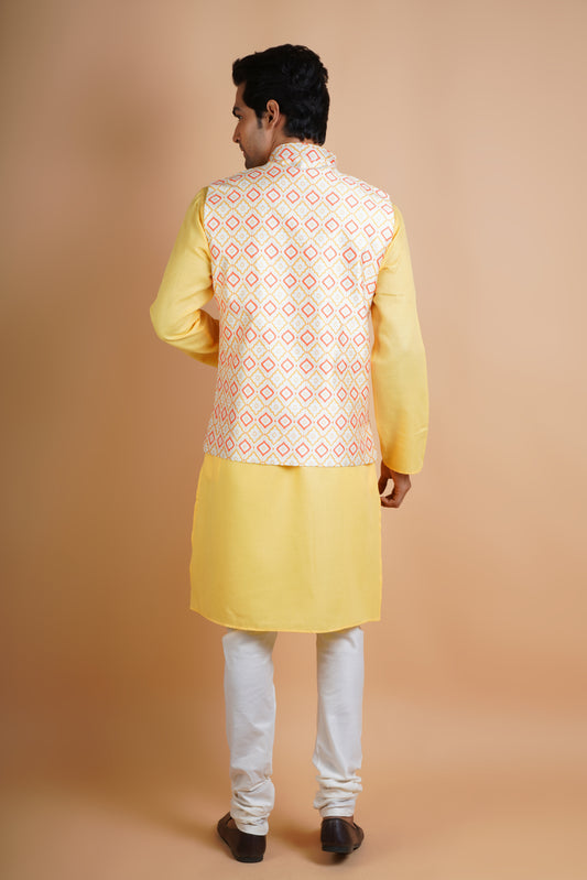 Designer Light Yellow Kurta with Jacket | Jacket Kurta Set