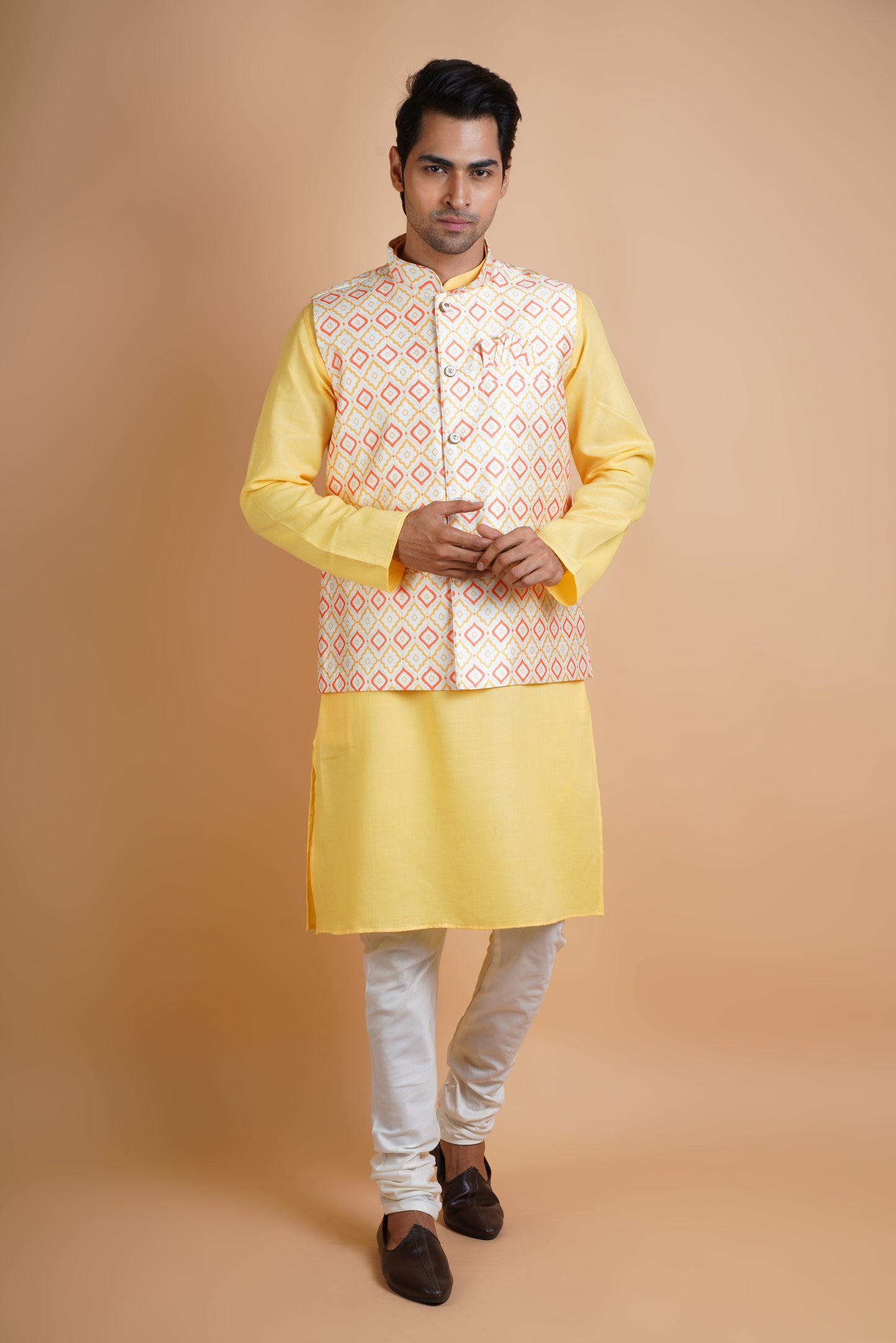 Designer Light Yellow Kurta with Jacket | Jacket Kurta Set