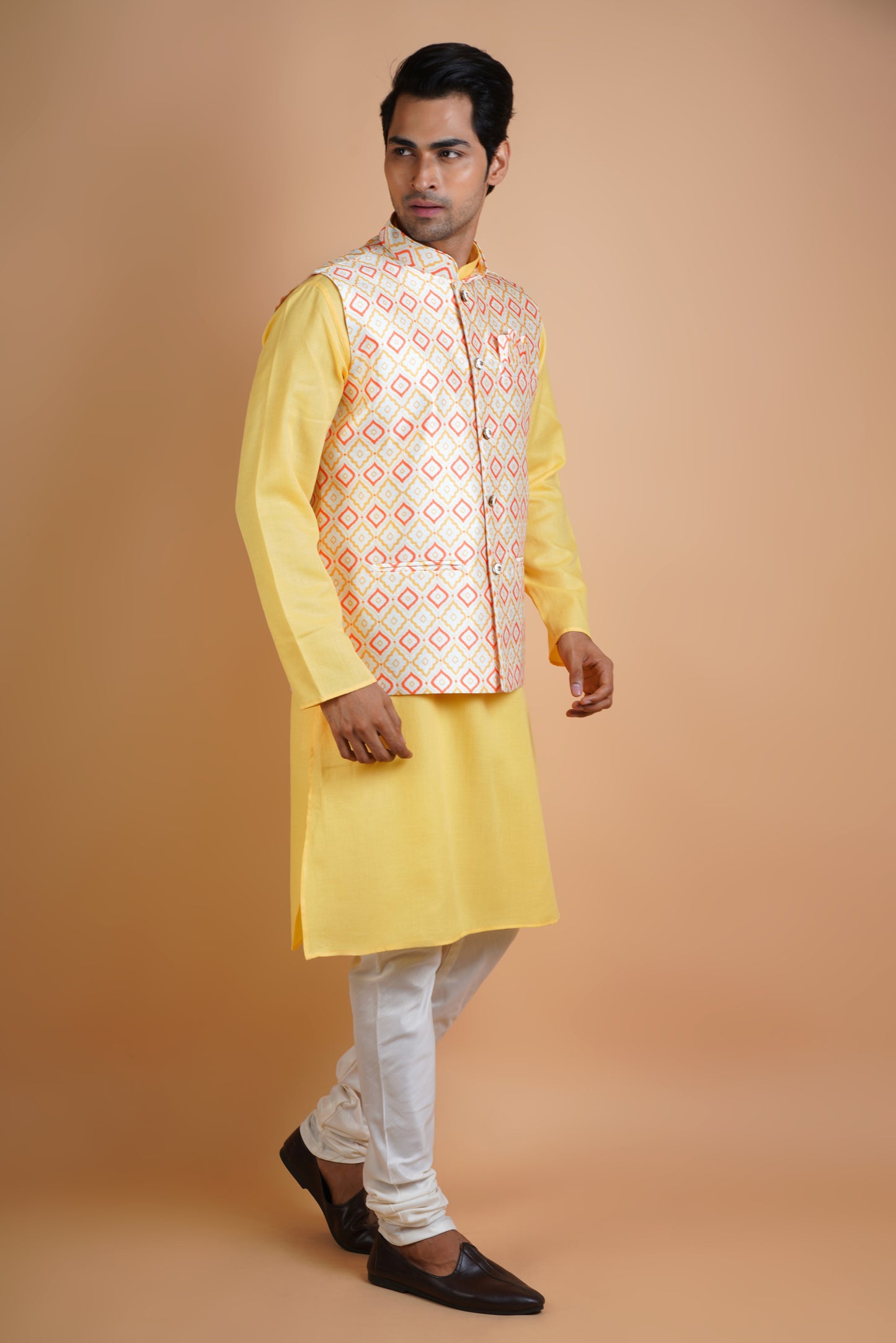 Designer Light Yellow Kurta with Jacket | Jacket Kurta Set