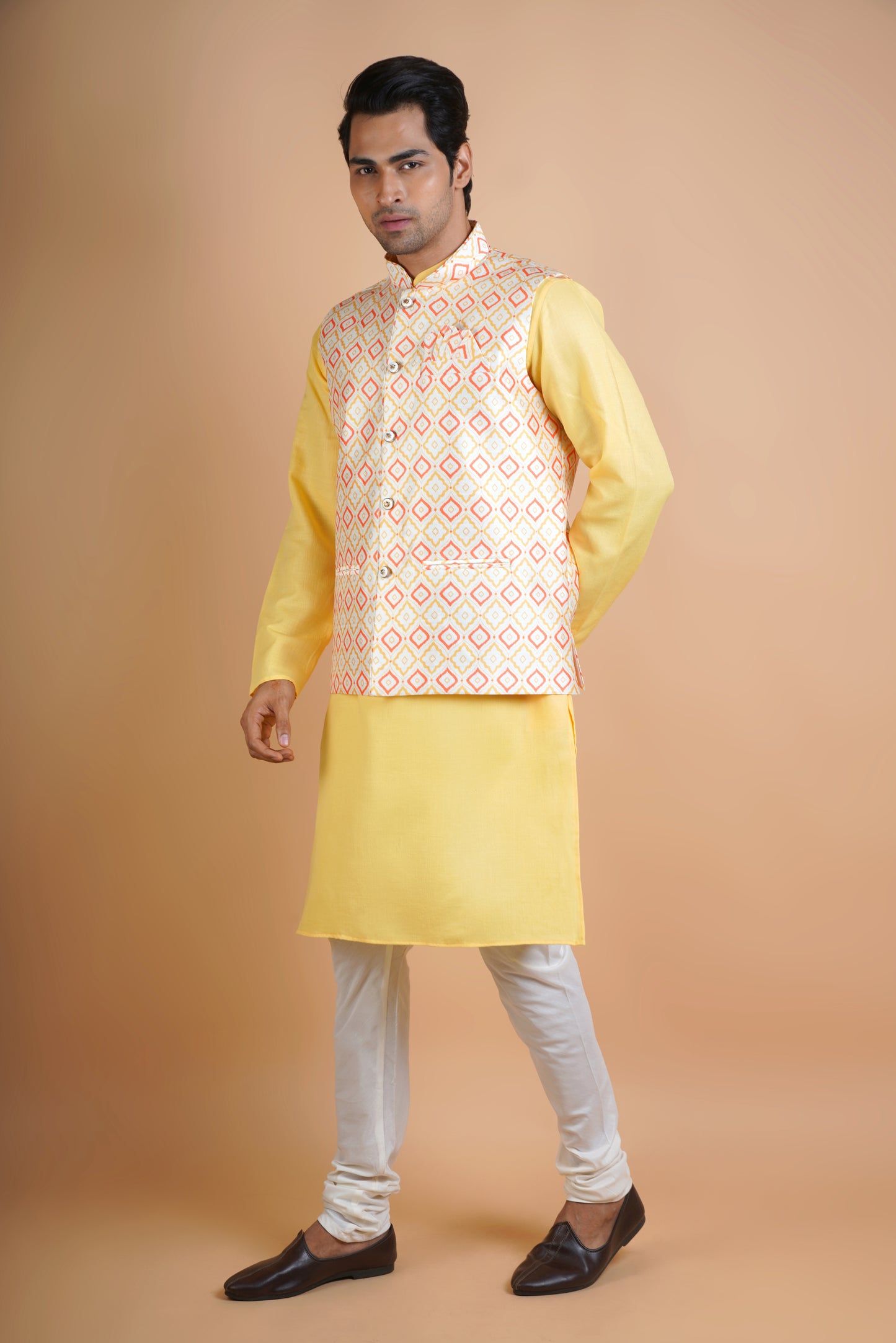 Designer Light Yellow Kurta with Jacket | Jacket Kurta Set