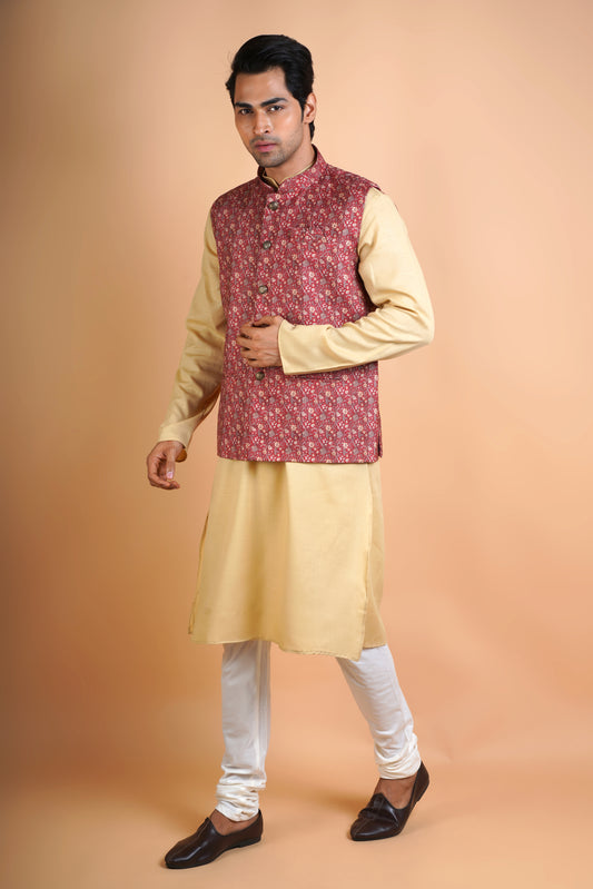 Designer Dusky Yellow Kurta with maroon Jacket | Jacket Kurta Set