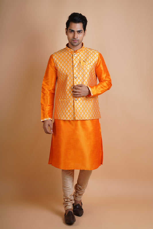 Designer Bright Orange Kurta with Dusky colour Jacket | Jacket Kurta Set