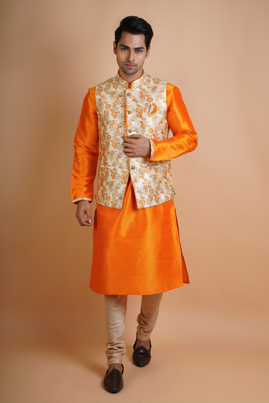 Designer Bright Orange Kurta with beige colour Jacket | Jacket Kurta Set