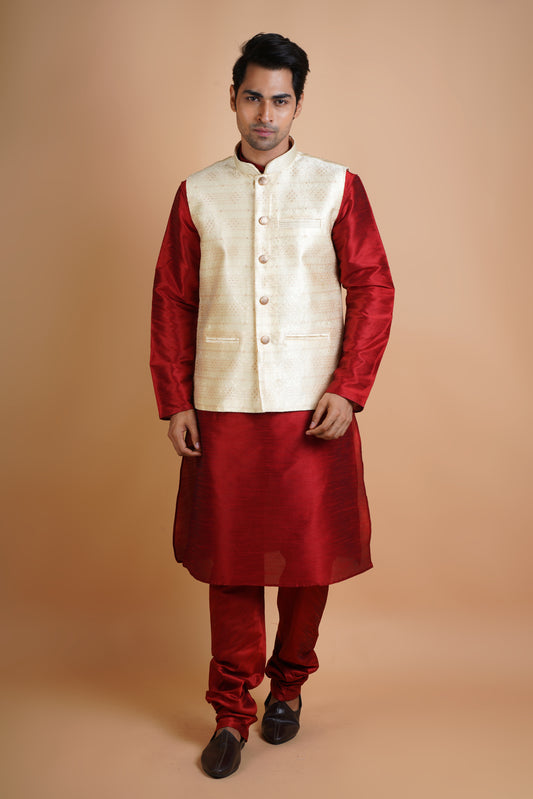 Designer Maroon Kurta with Light beige colour Jacket | Jacket Kurta Set