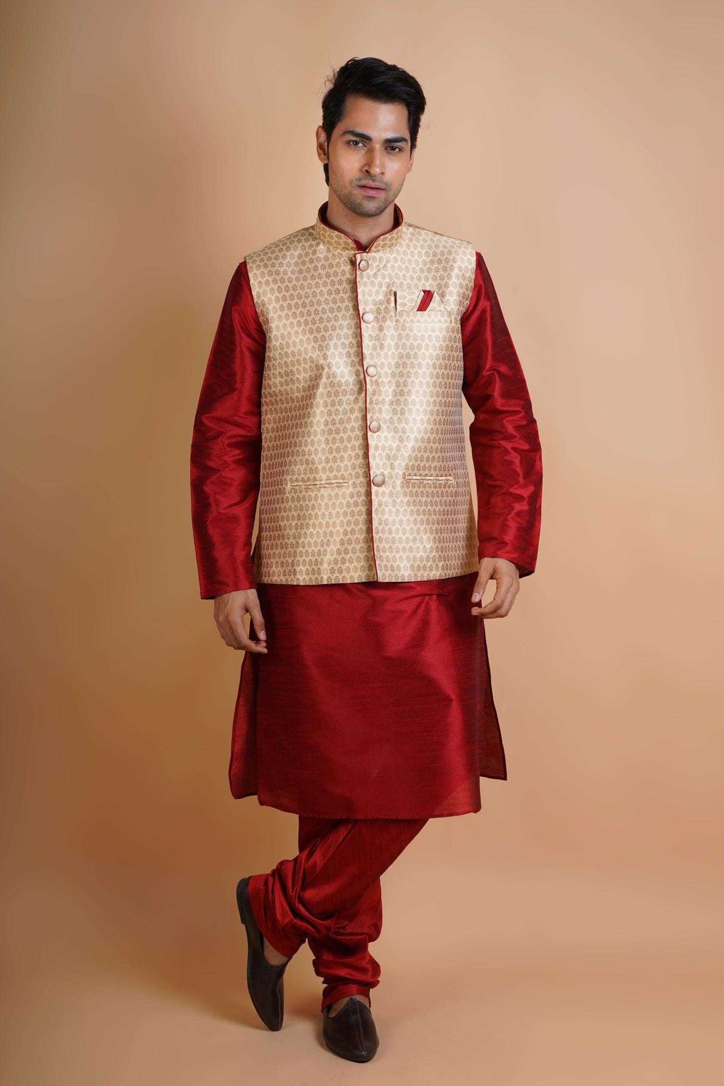 Designer Maroon Kurta with Dark beige colour Jacket | Jacket Kurta Set