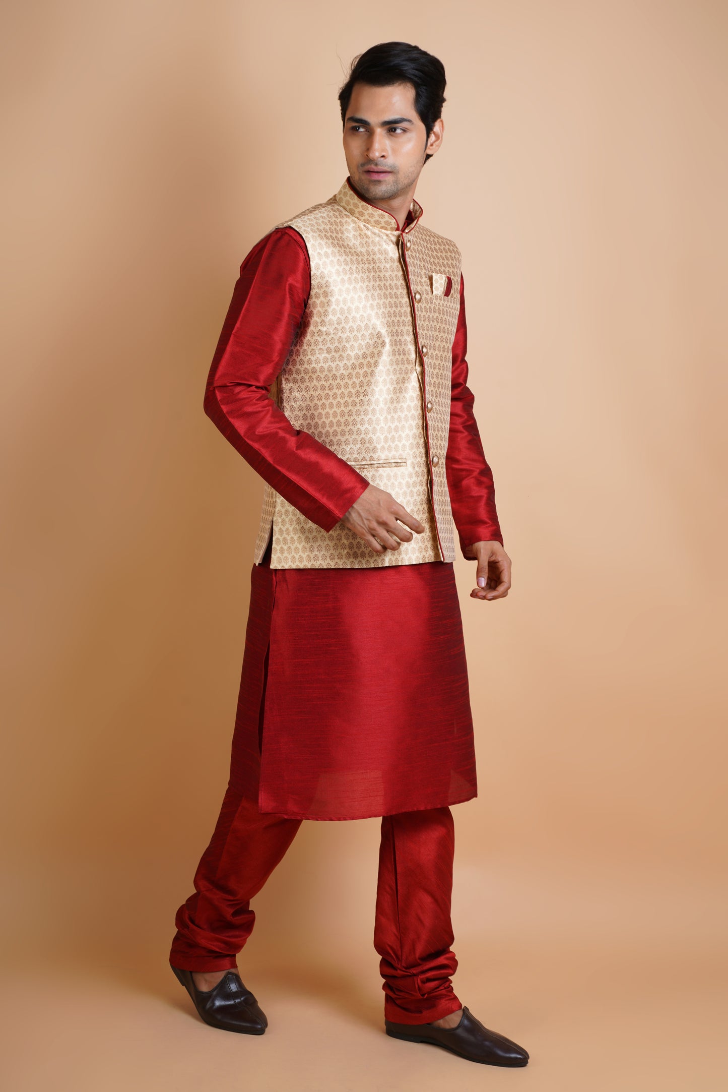 Designer Maroon Kurta with Dark beige colour Jacket | Jacket Kurta Set