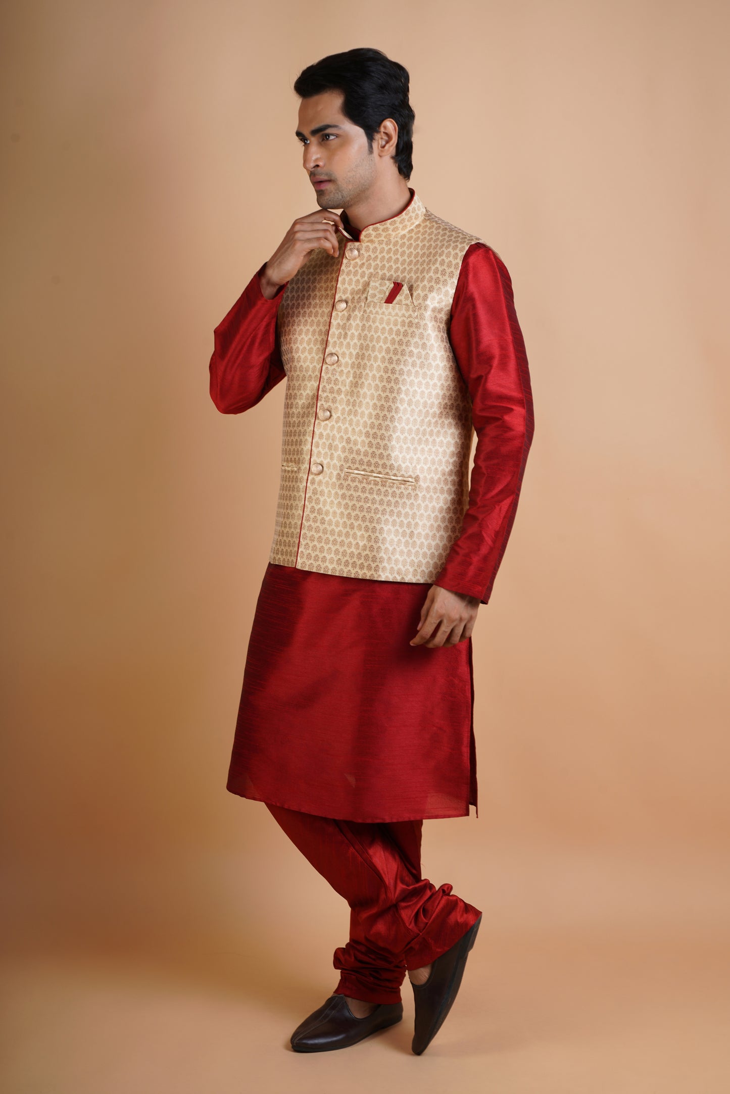 Designer Maroon Kurta with Dark beige colour Jacket | Jacket Kurta Set