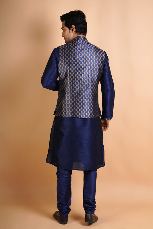 Solid Navy Blue Kurta with Designer Dark colour Jacket | Jacket Kurta Set