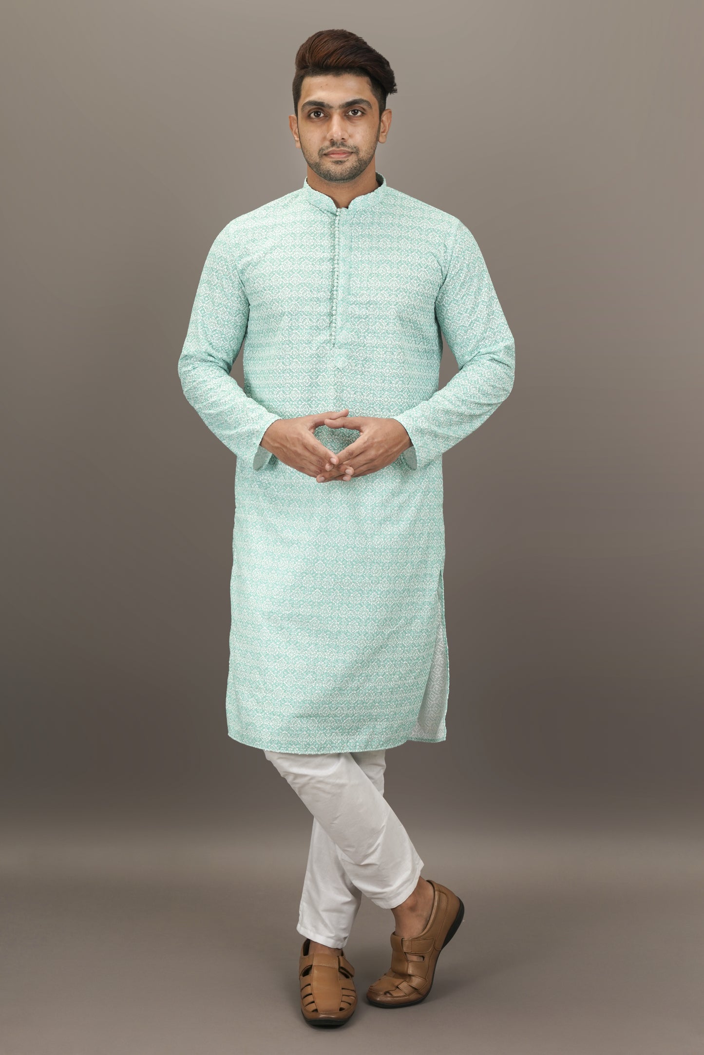 Light Sky Blue colour Printed Kurta with Chikankari work