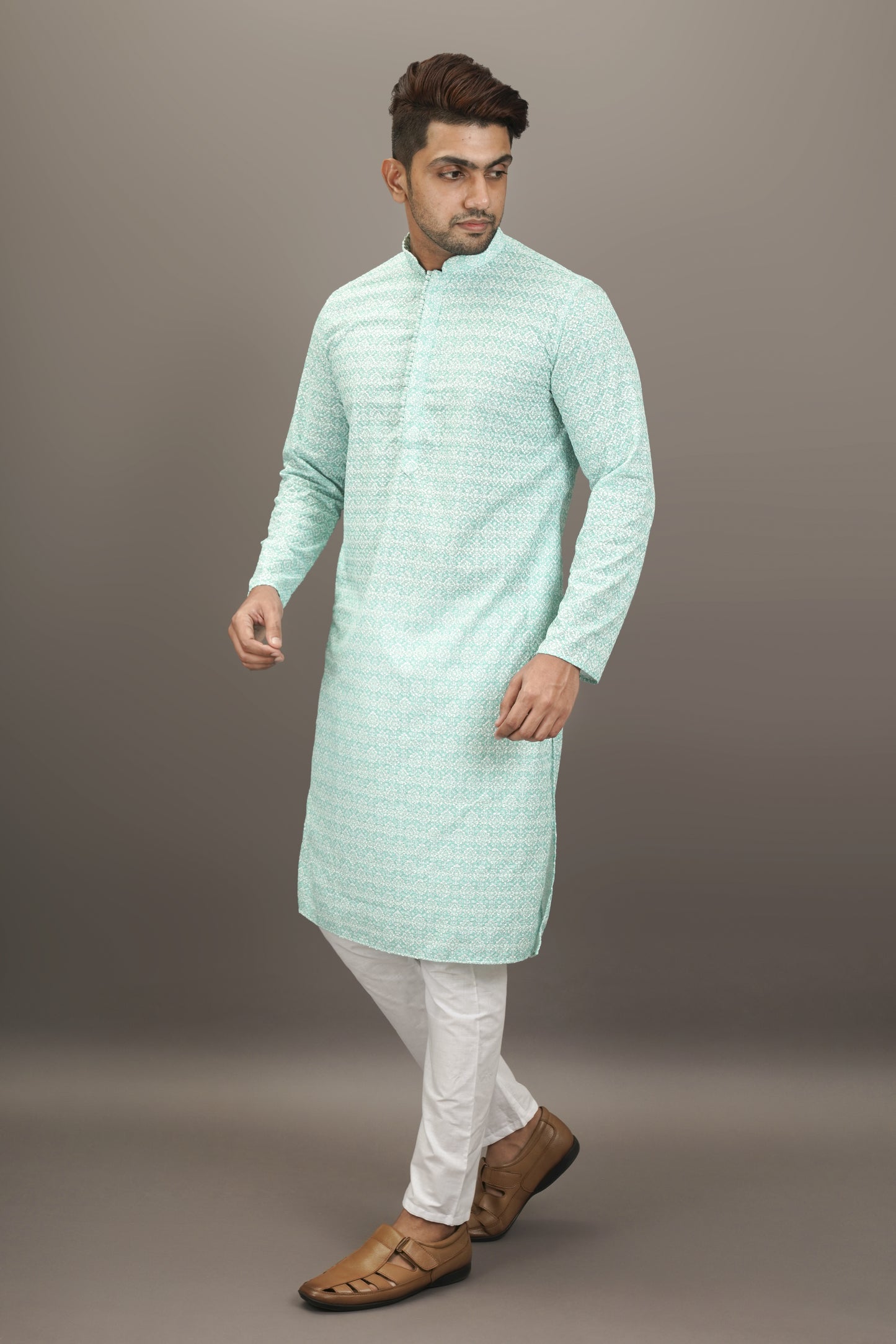 Light Sky Blue colour Printed Kurta with Chikankari work