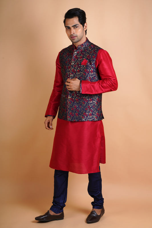 Dark Red Kurta with Designer Dark colour Jacket | Jacket Kurta Set