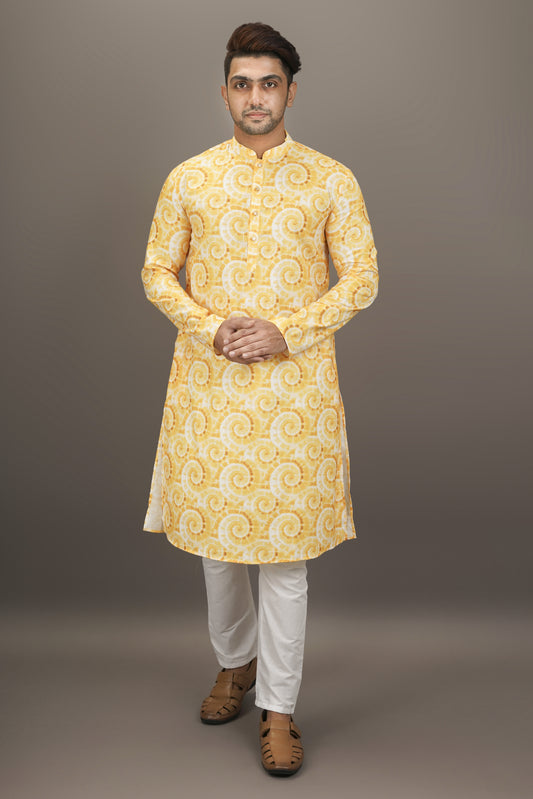 Yellow and White colour Plain Printed Kurta