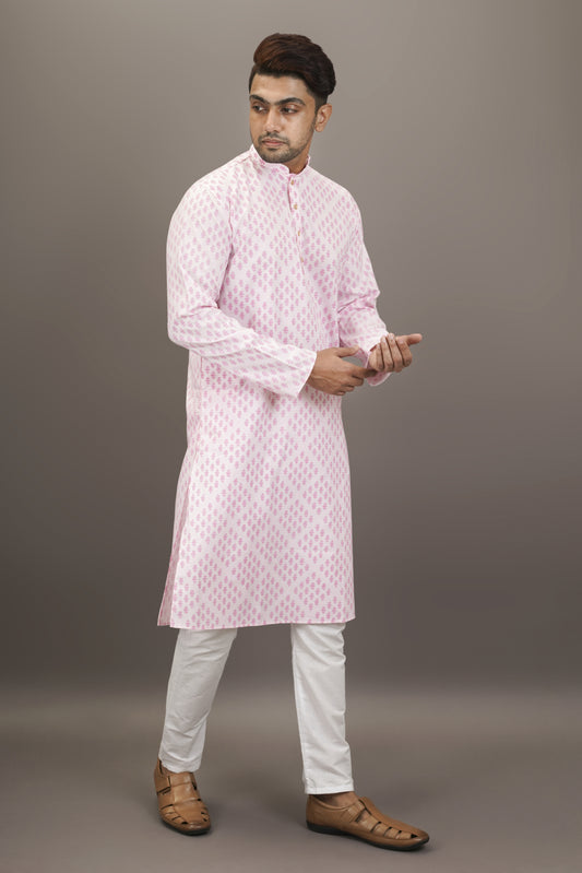 White colour Plain Printed Kurta with Deep Pink Coloured Pattern