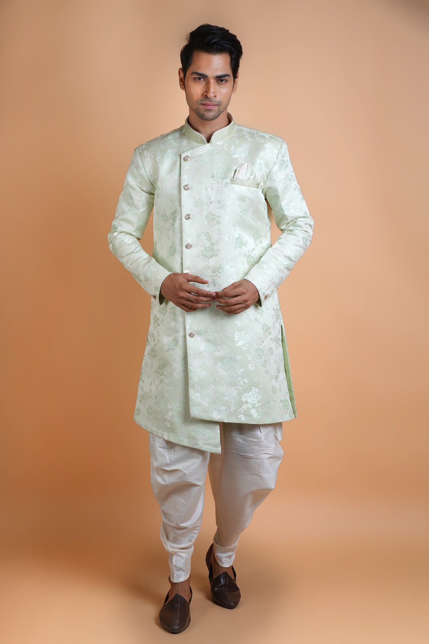 Powdered Green Colour Indo Western Kurta Set with Floral Print