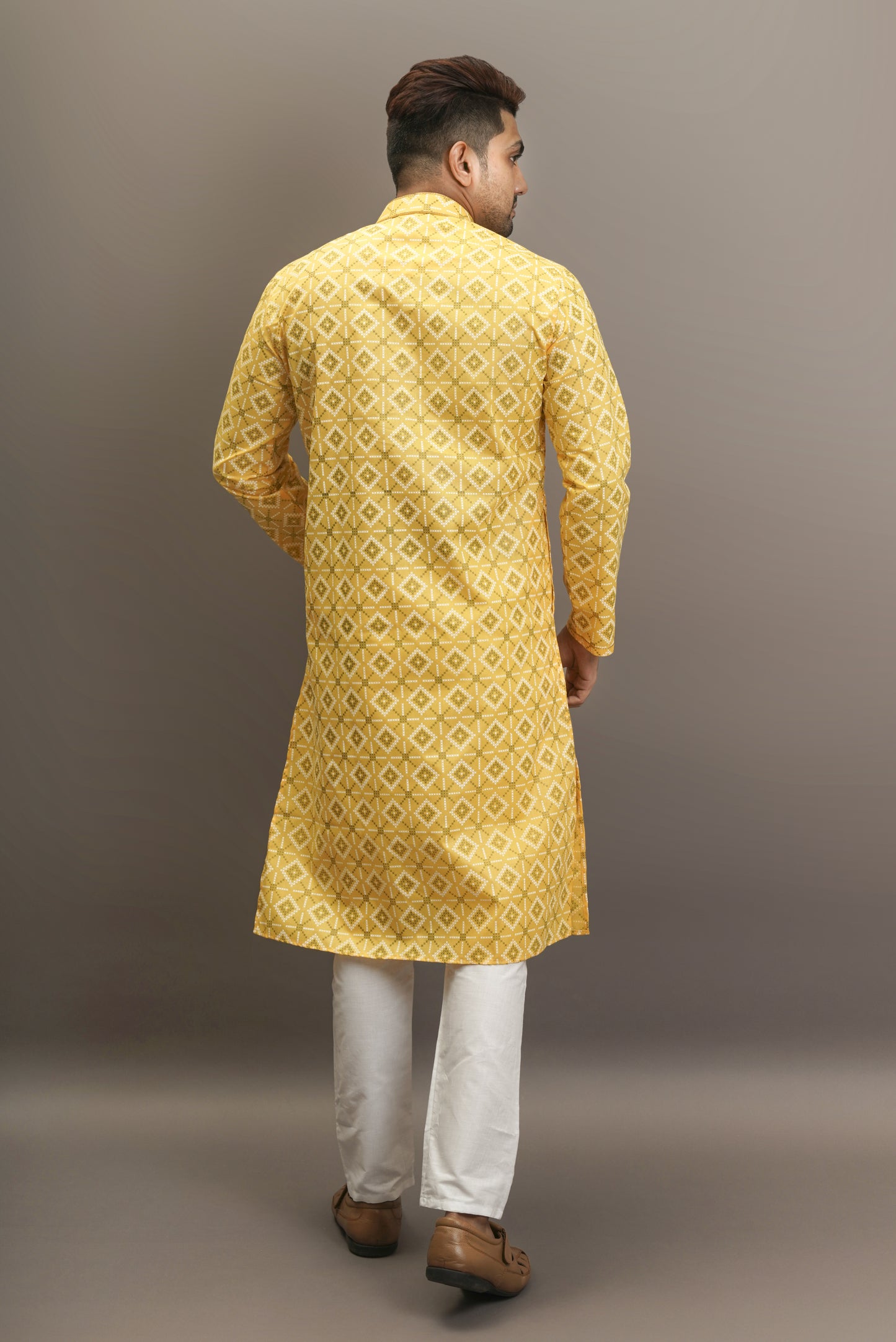 Mustard Yellow Colour Plain Printed Kurta with white coloured modern pattern