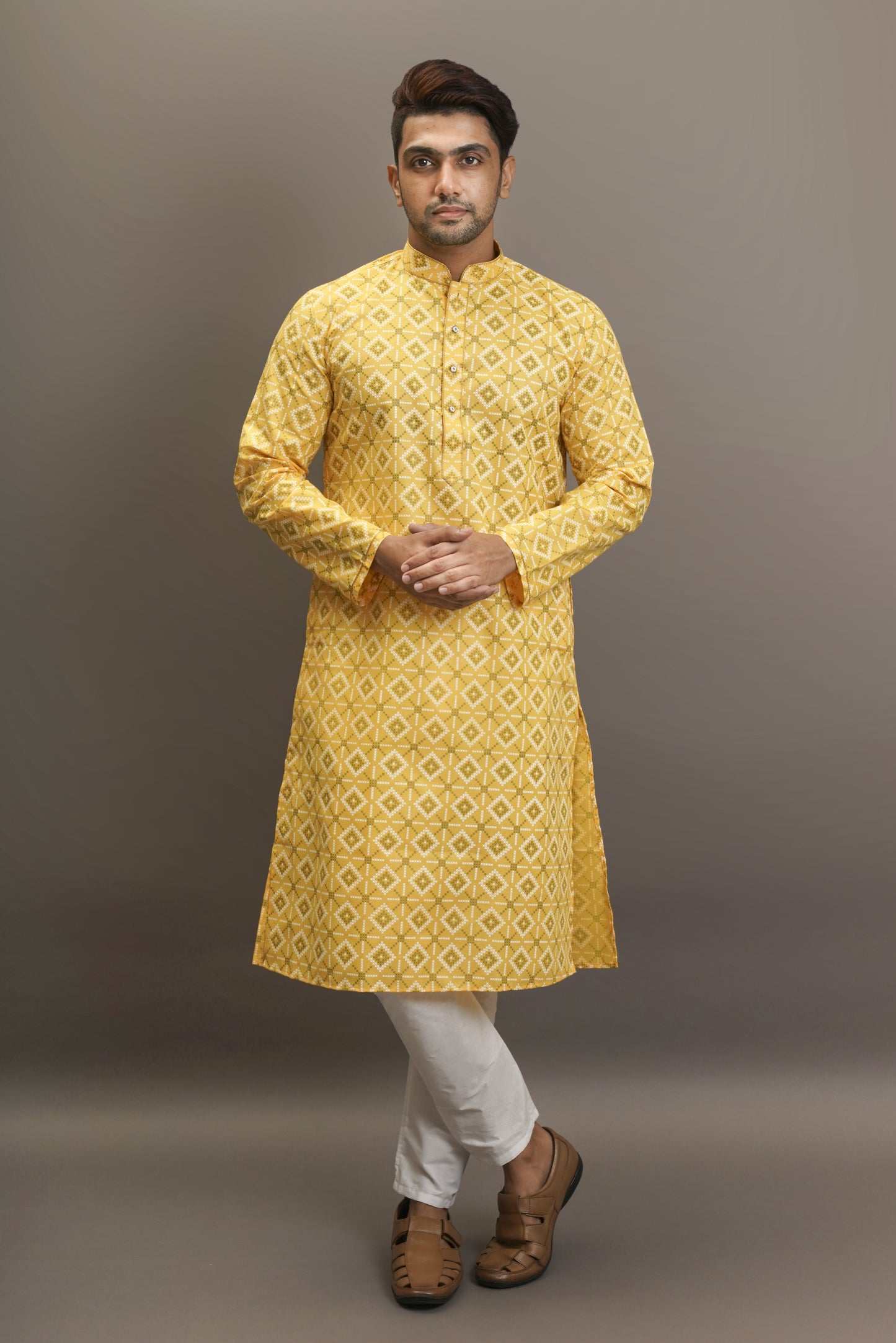 Mustard Yellow Colour Plain Printed Kurta with white coloured modern pattern