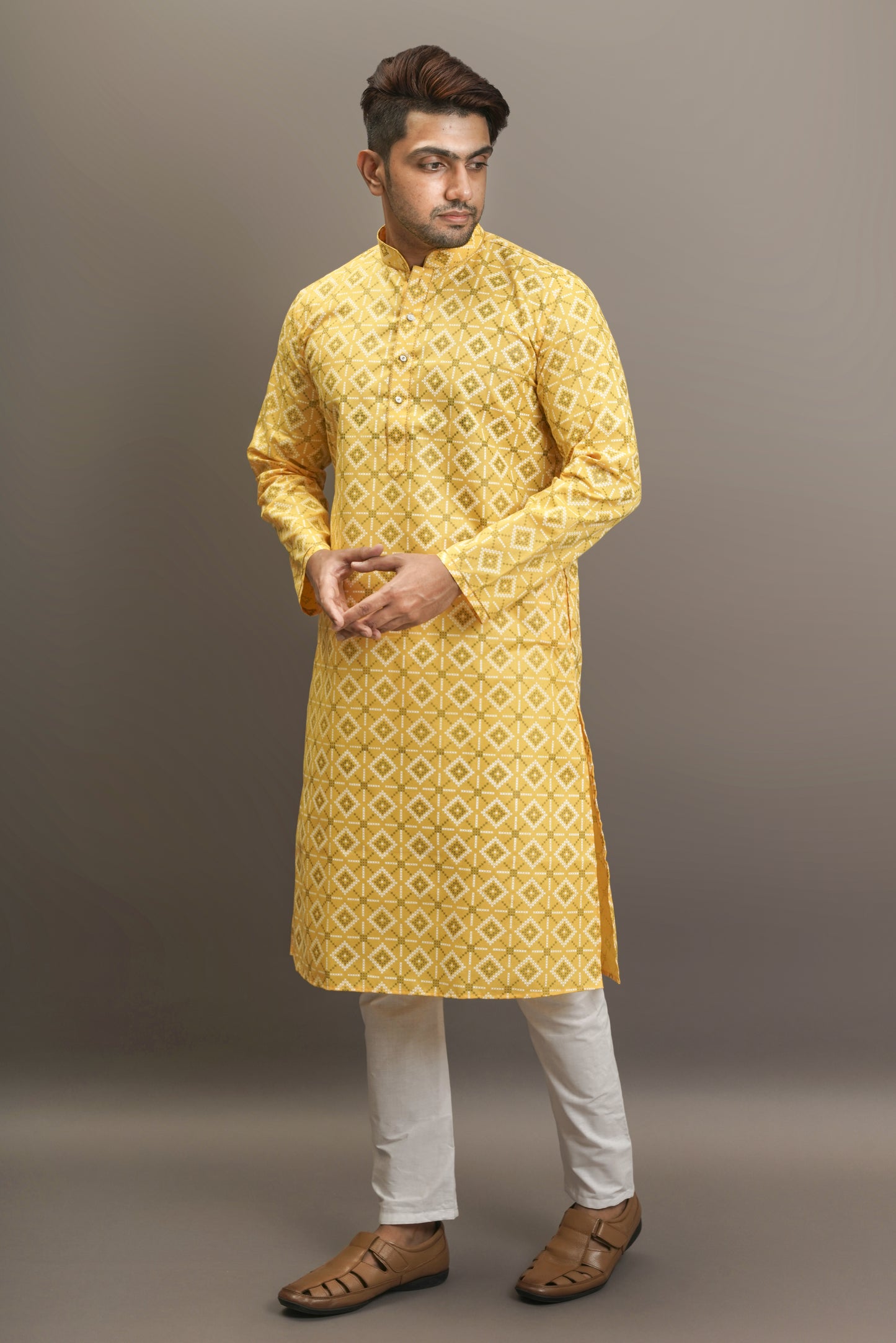 Mustard Yellow Colour Plain Printed Kurta with white coloured modern pattern