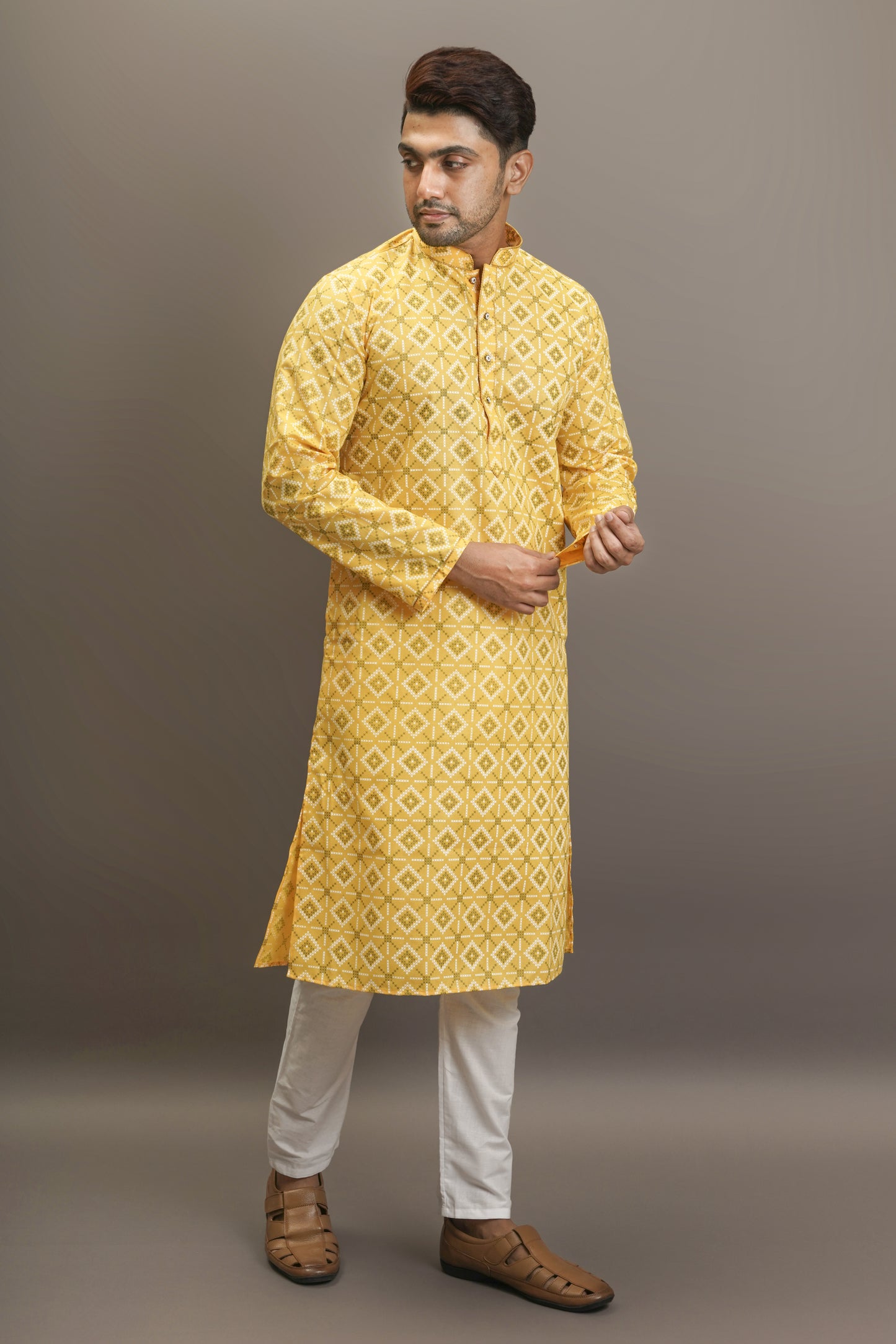 Mustard Yellow Colour Plain Printed Kurta with white coloured modern pattern