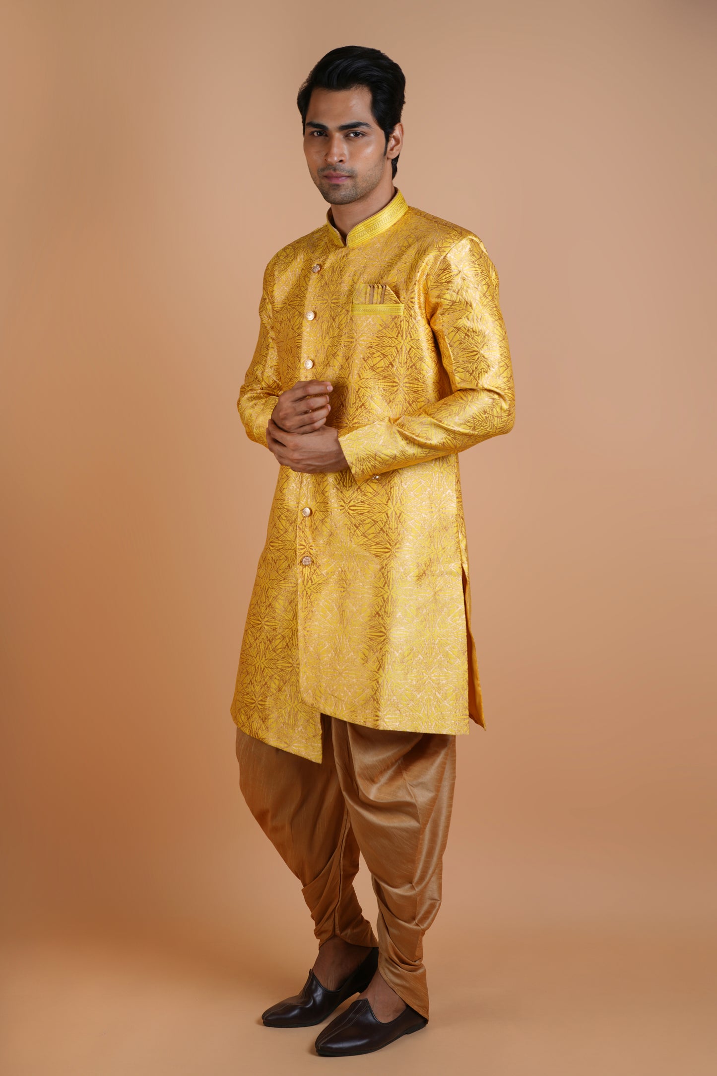 Stylish Mustard Yellow Colour Indo Western Kurta Set with Modern Pattern