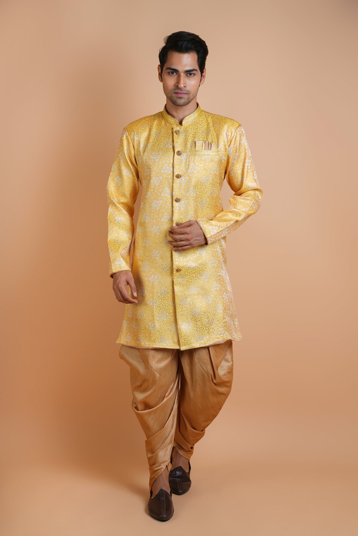 Bright Yellow Colour Indo Western Kurta Set with Extra Ordinary Pattern