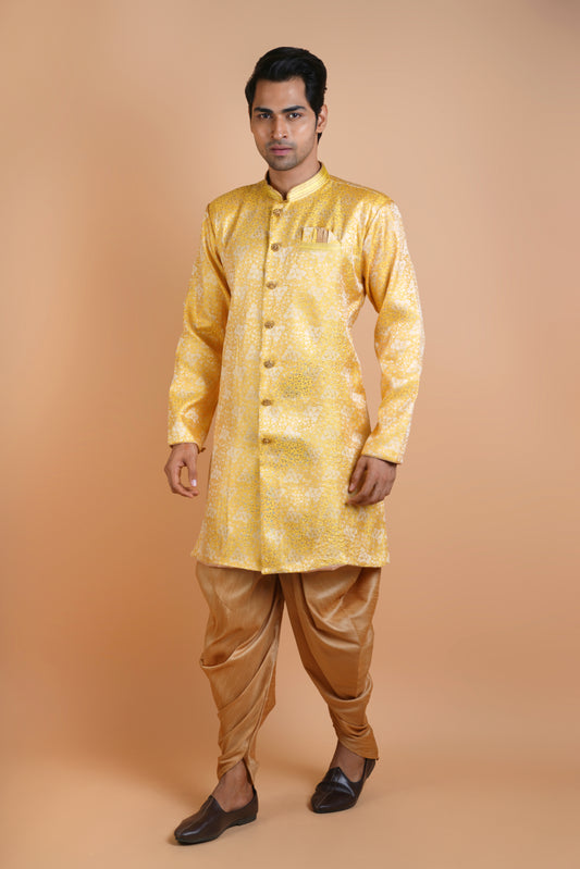 Bright Yellow Colour Indo Western Kurta Set with Extra Ordinary Pattern